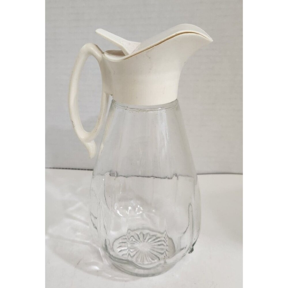 Vintage Log Cabin Syrup Dispenser Bottle Pitcher Clear Glass White Lid Handle